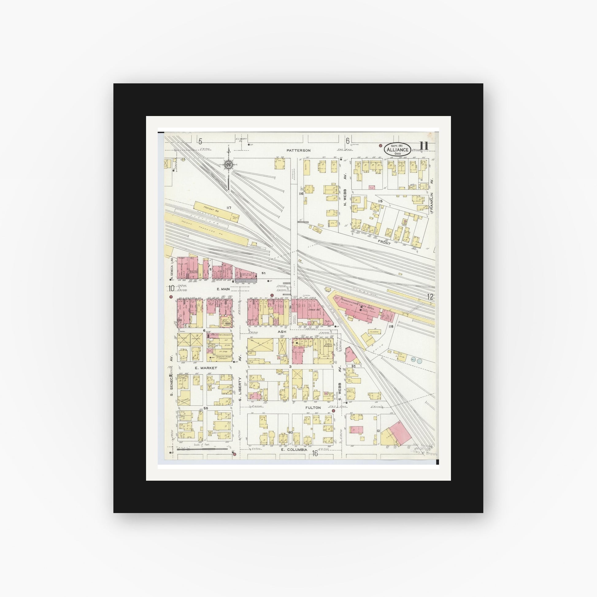 Old map wall art mockup — black gallery frame with white mat — Sanborn Fire Insurance Map from Alliance, Stark County, Ohio (1911), Sheet #0011