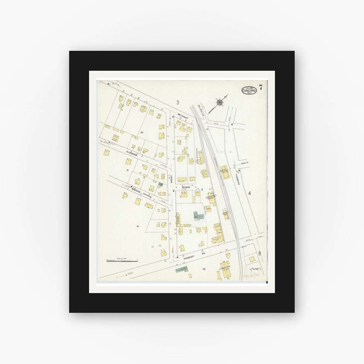 Old map wall art mockup — black gallery frame with white mat — Sanborn Fire Insurance Map from Concord, Middlesex County, Massachusetts (1909), Sheet #0007