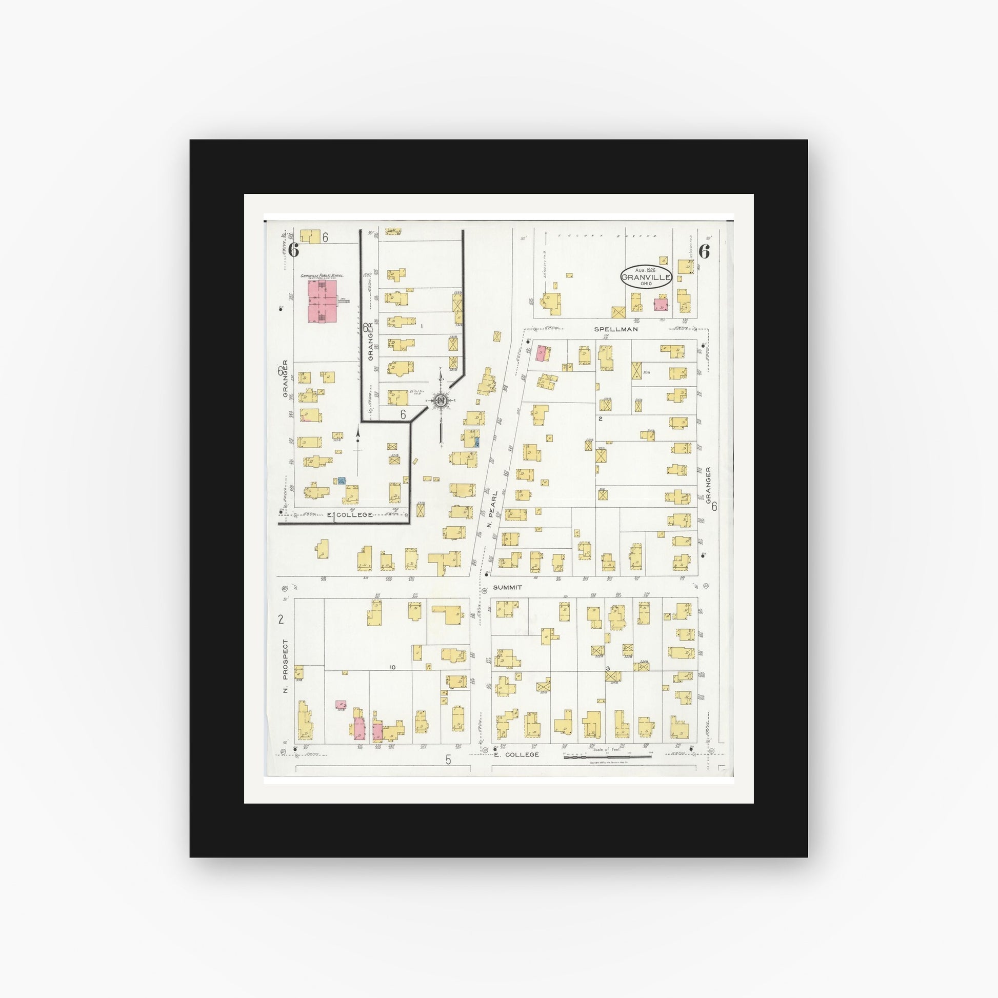 Old map wall art mockup — black gallery frame with white mat — Sanborn Fire Insurance Map from Granville, Licking County, Ohio (1926), Sheet #0006