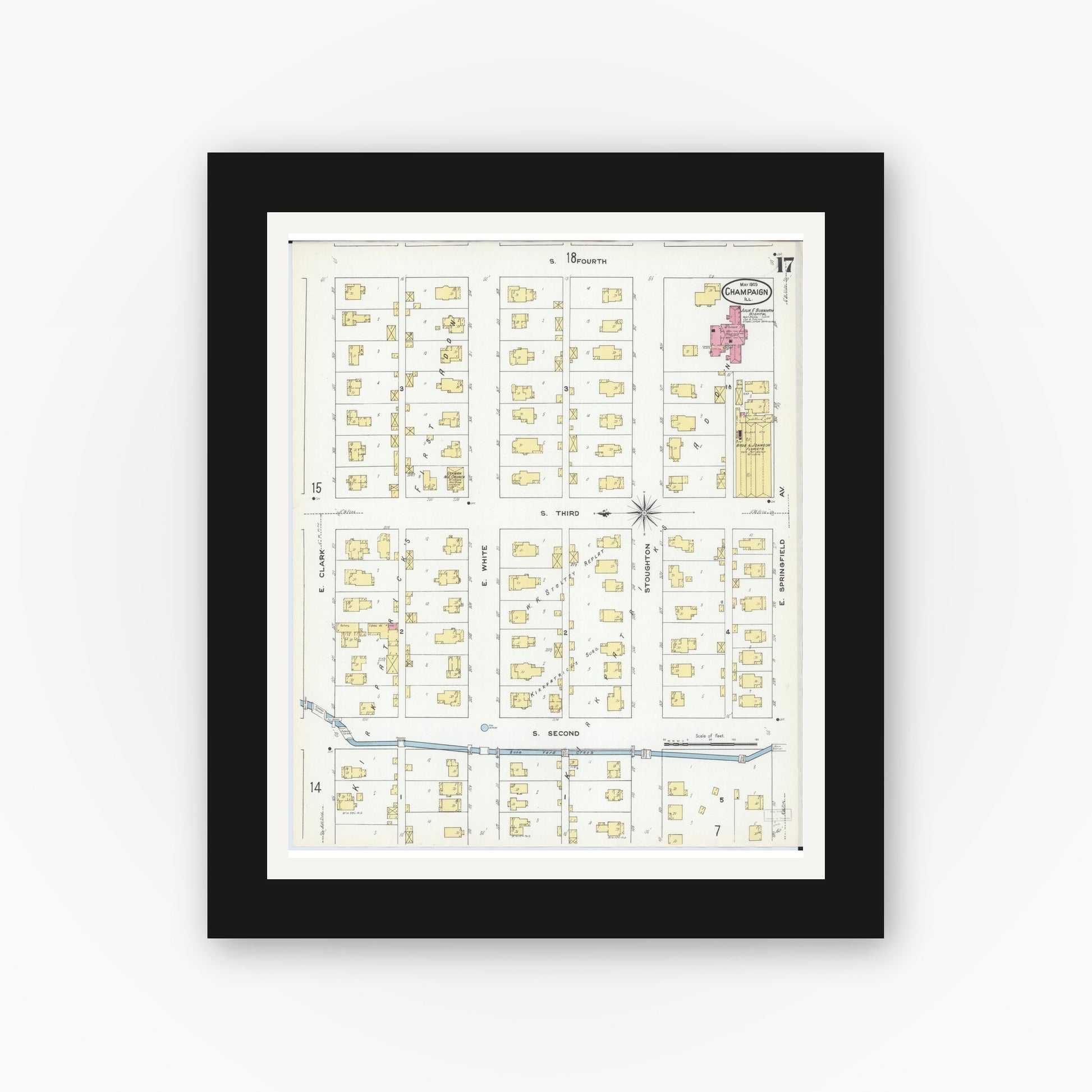 Old map wall art mockup — black gallery frame with white mat — Sanborn Fire Insurance Map from Champaign, Champaign County, Illinois (1909), Sheet #0017