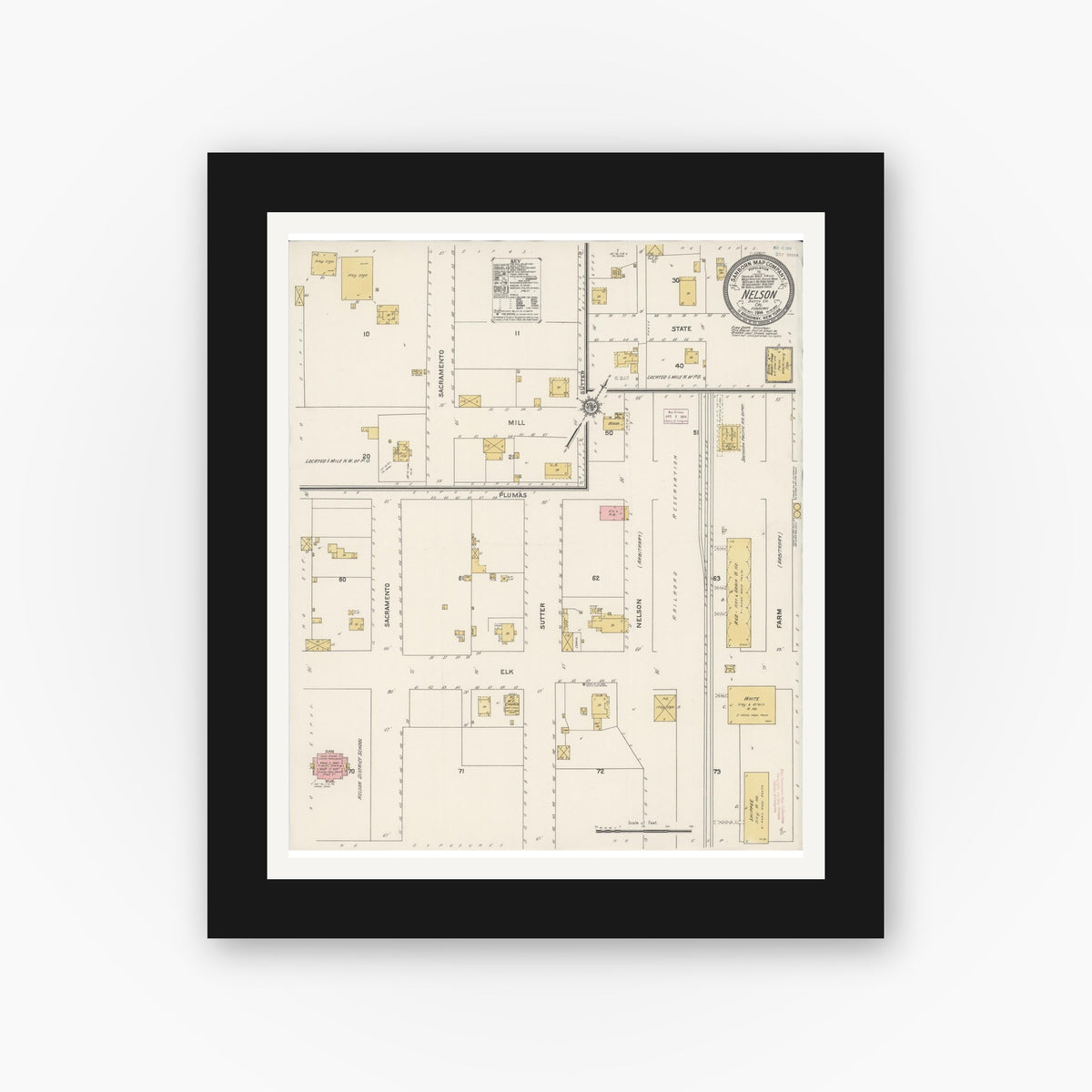 Old map wall art mockup — black gallery frame with white mat — Sanborn Fire Insurance Map from Nelson, Butte County, California (1914), Sheet #0001
