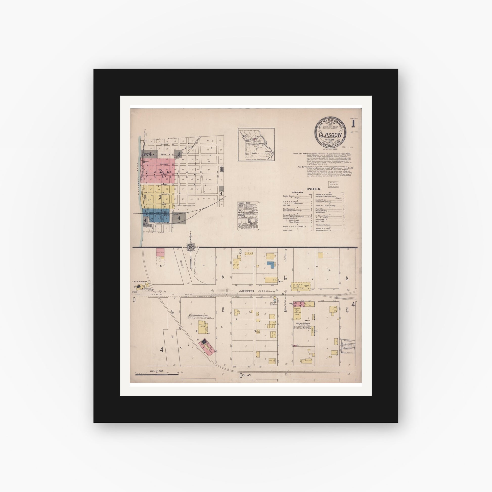 Old map wall art mockup — black gallery frame with white mat — Sanborn Fire Insurance Map from Glasgow, Howard County, Missouri (1922) - Complete Map Set