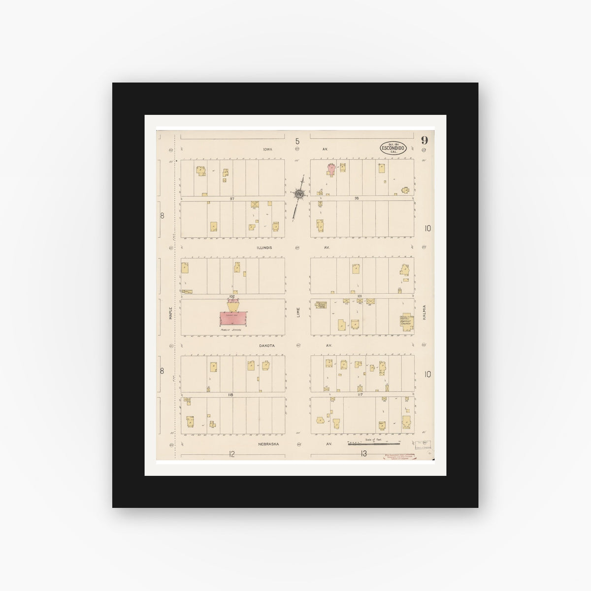 Old map wall art mockup — black gallery frame with white mat — Sanborn Fire Insurance Map from Escondido, San Diego County, California (1911), Sheet #0009