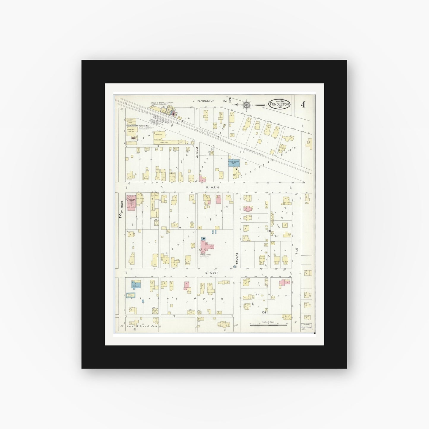 Old map wall art mockup — black gallery frame with white mat — Sanborn Fire Insurance Map from Pendleton, Madison County, Indiana (1914), Sheet #0004
