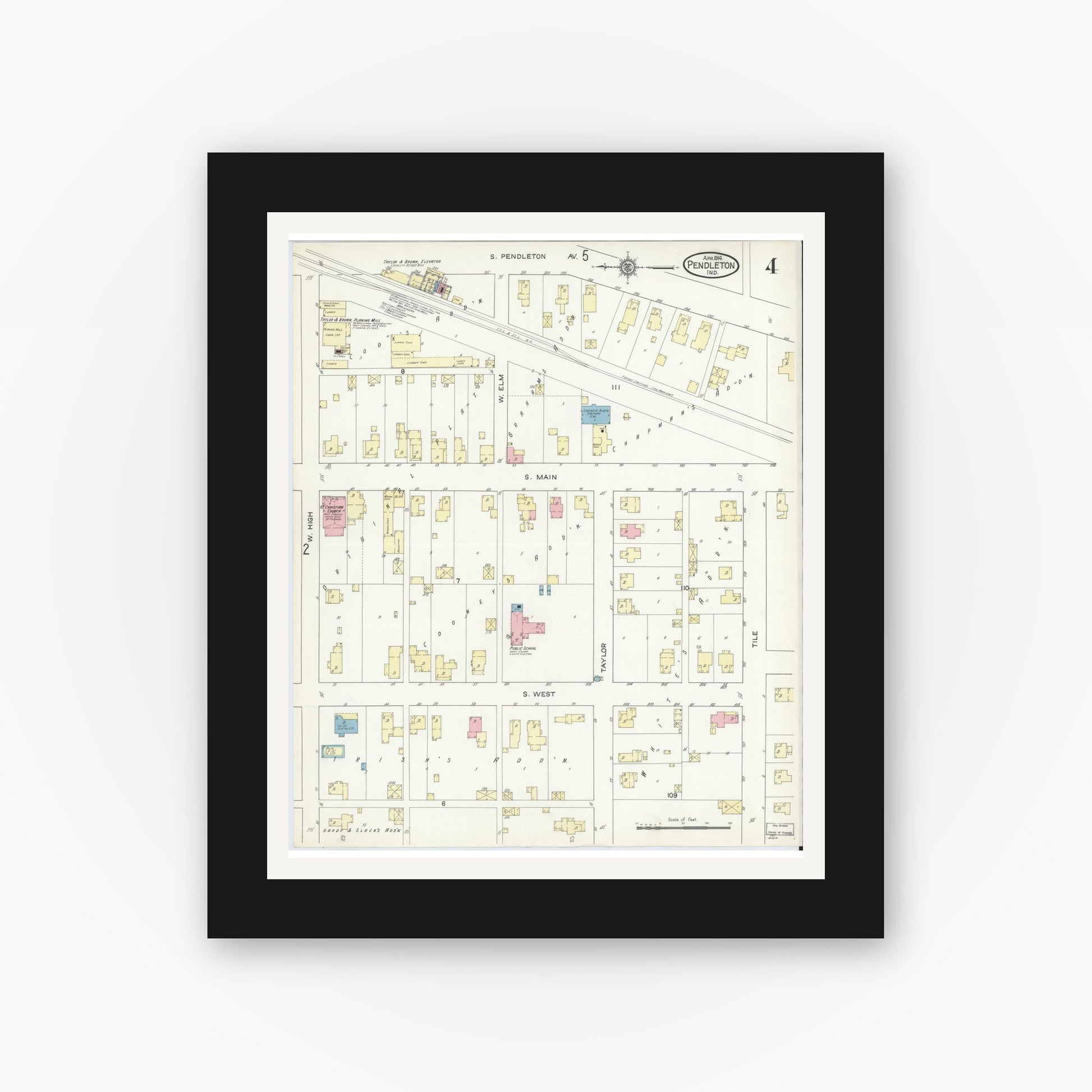 Old map wall art mockup — black gallery frame with white mat — Sanborn Fire Insurance Map from Pendleton, Madison County, Indiana (1914), Sheet #0004