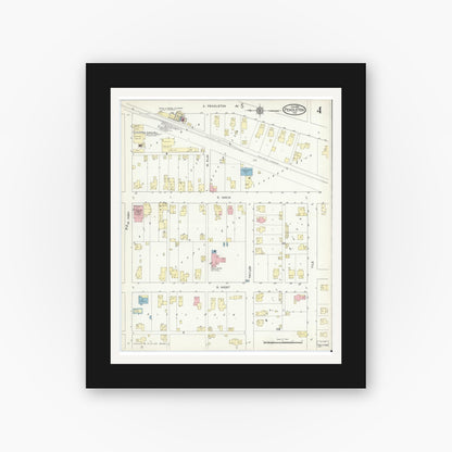 Old map wall art mockup — black gallery frame with white mat — Sanborn Fire Insurance Map from Pendleton, Madison County, Indiana (1914), Sheet #0004
