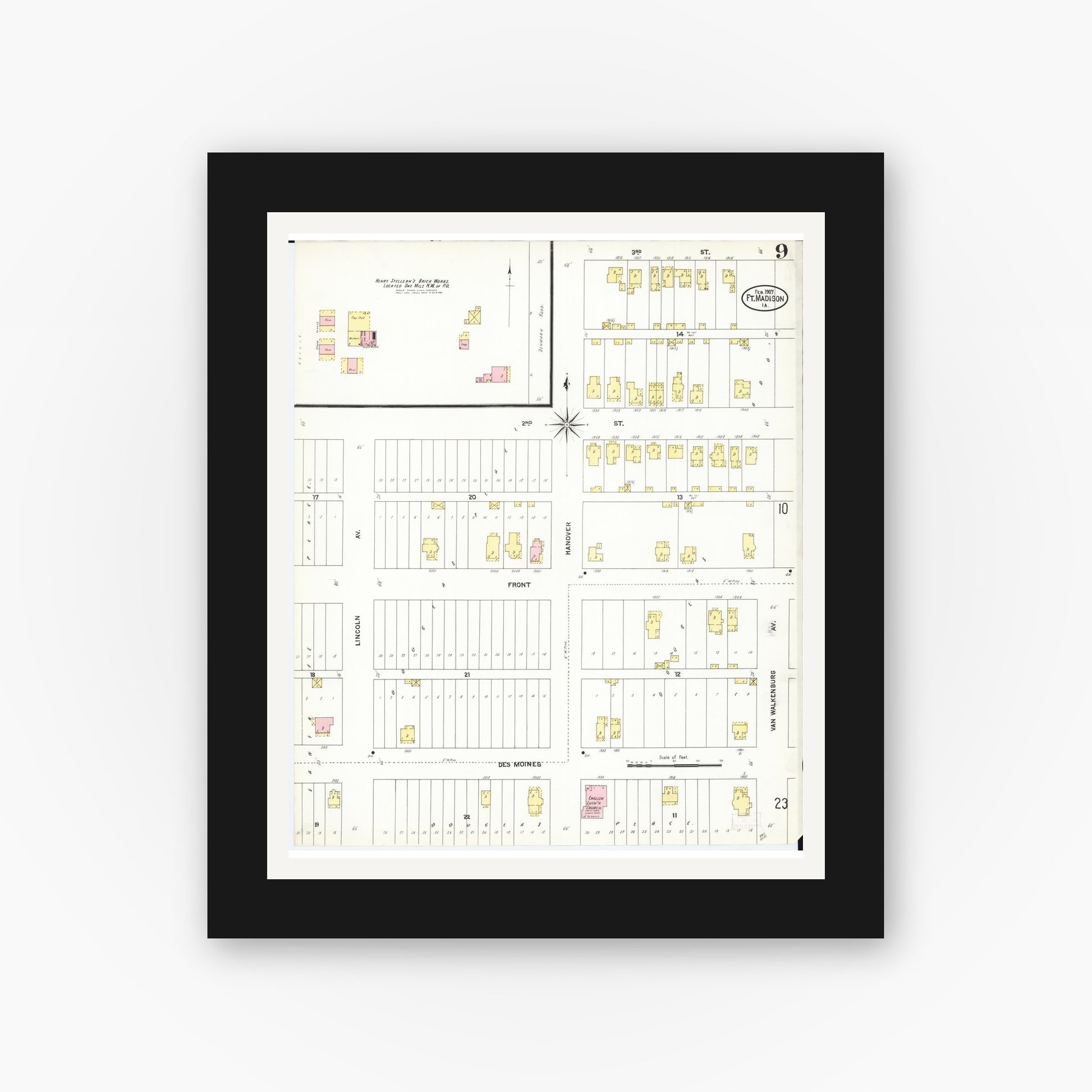 Old map wall art mockup — black gallery frame with white mat — Sanborn Fire Insurance Map from Fort Madison, Lee County, Iowa (1907), Sheet #0009