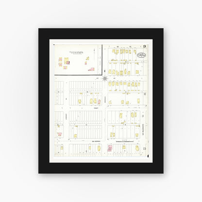 Old map wall art mockup — black gallery frame with white mat — Sanborn Fire Insurance Map from Fort Madison, Lee County, Iowa (1907), Sheet #0009