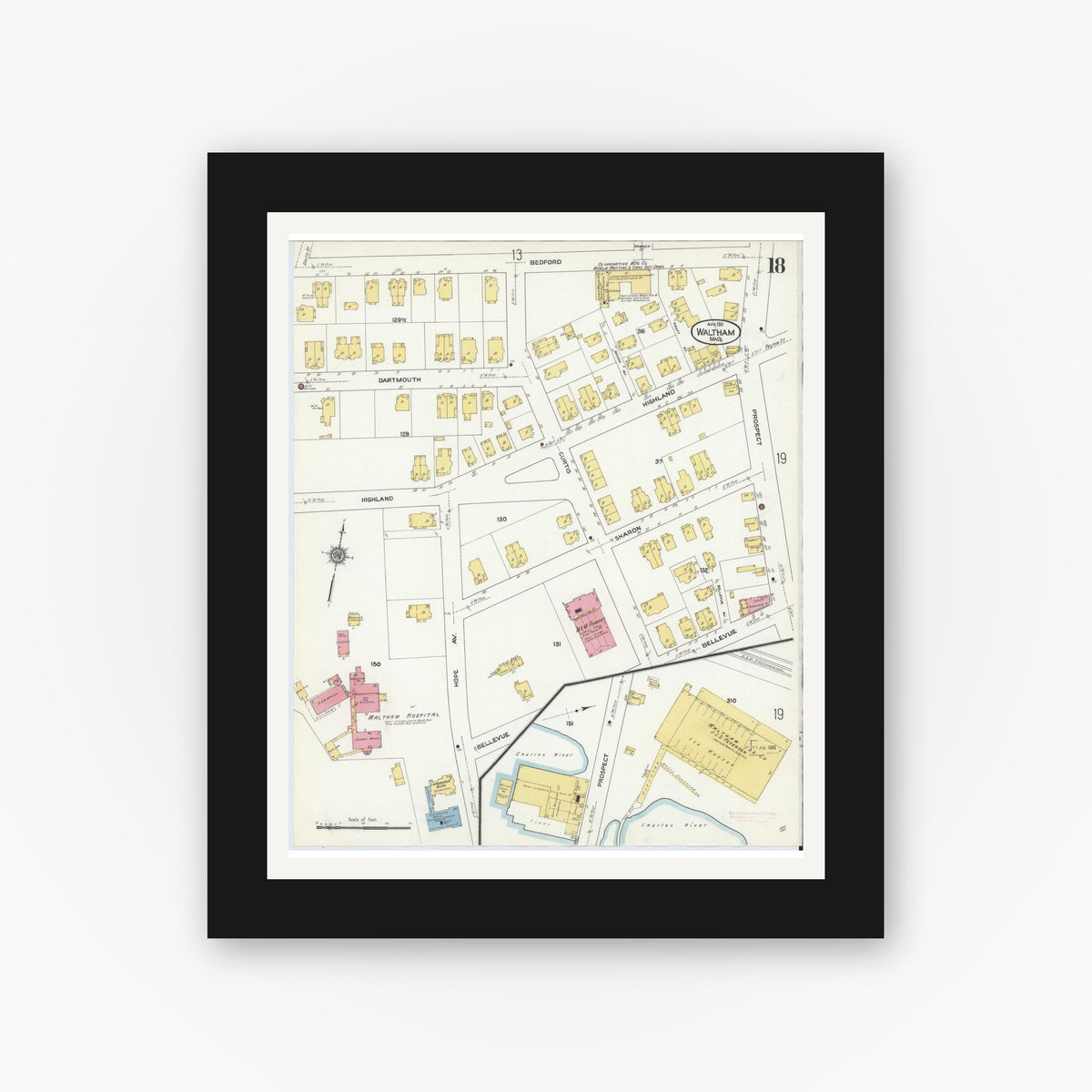 Old map wall art mockup — black gallery frame with white mat — Sanborn Fire Insurance Map from Waltham, Middlesex County, Massachusetts (1911), Sheet #0018
