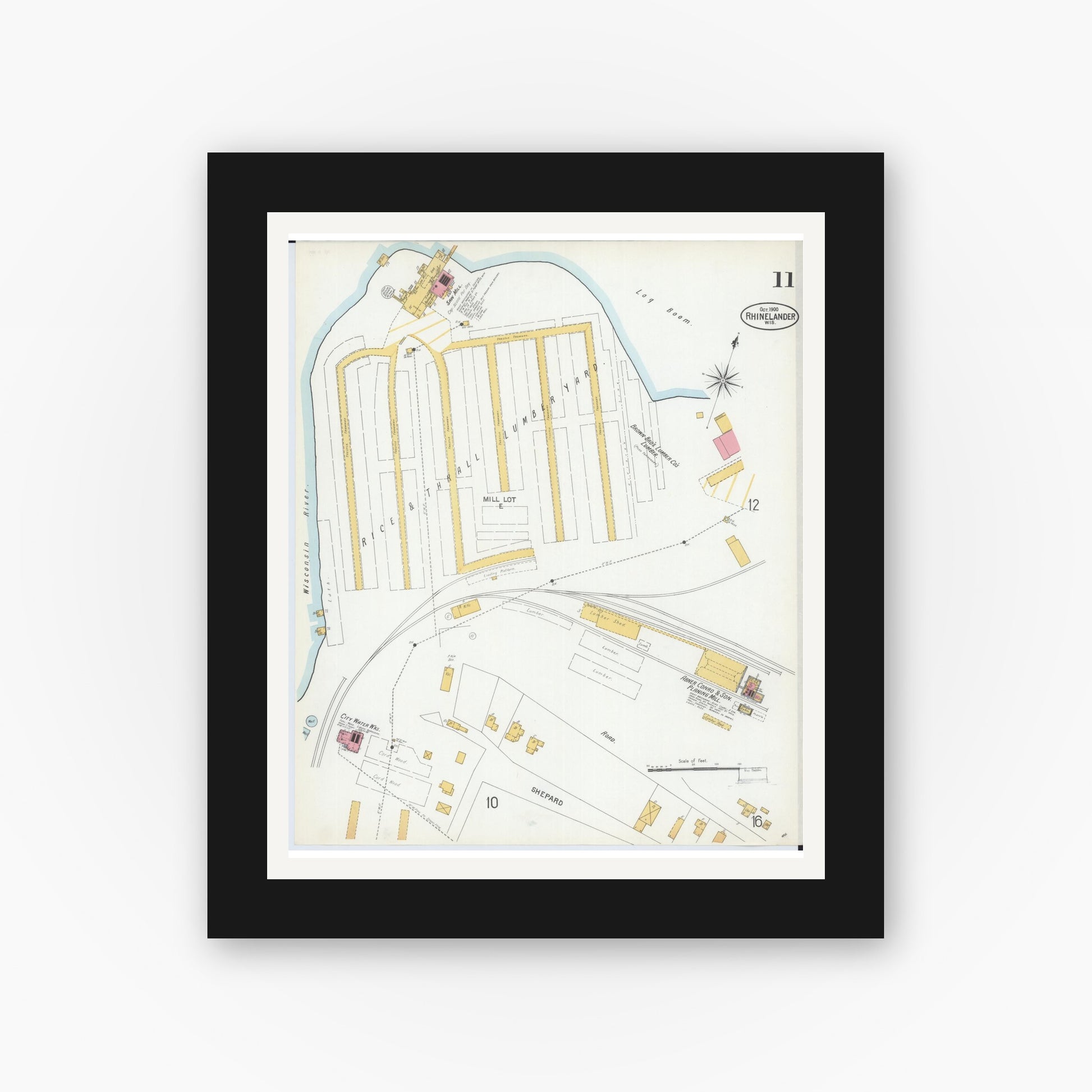 Old map wall art mockup — black gallery frame with white mat — Sanborn Fire Insurance Map from Rhinelander, Oneida County, Wisconsin (1900), Sheet #0011
