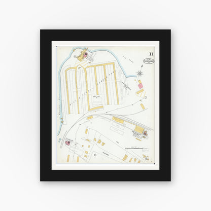 Old map wall art mockup — black gallery frame with white mat — Sanborn Fire Insurance Map from Rhinelander, Oneida County, Wisconsin (1900), Sheet #0011