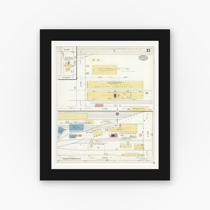 Old map wall art mockup — black gallery frame with white mat — Sanborn Fire Insurance Map from Taylor, Williamson County, Texas (1916), Sheet #0013