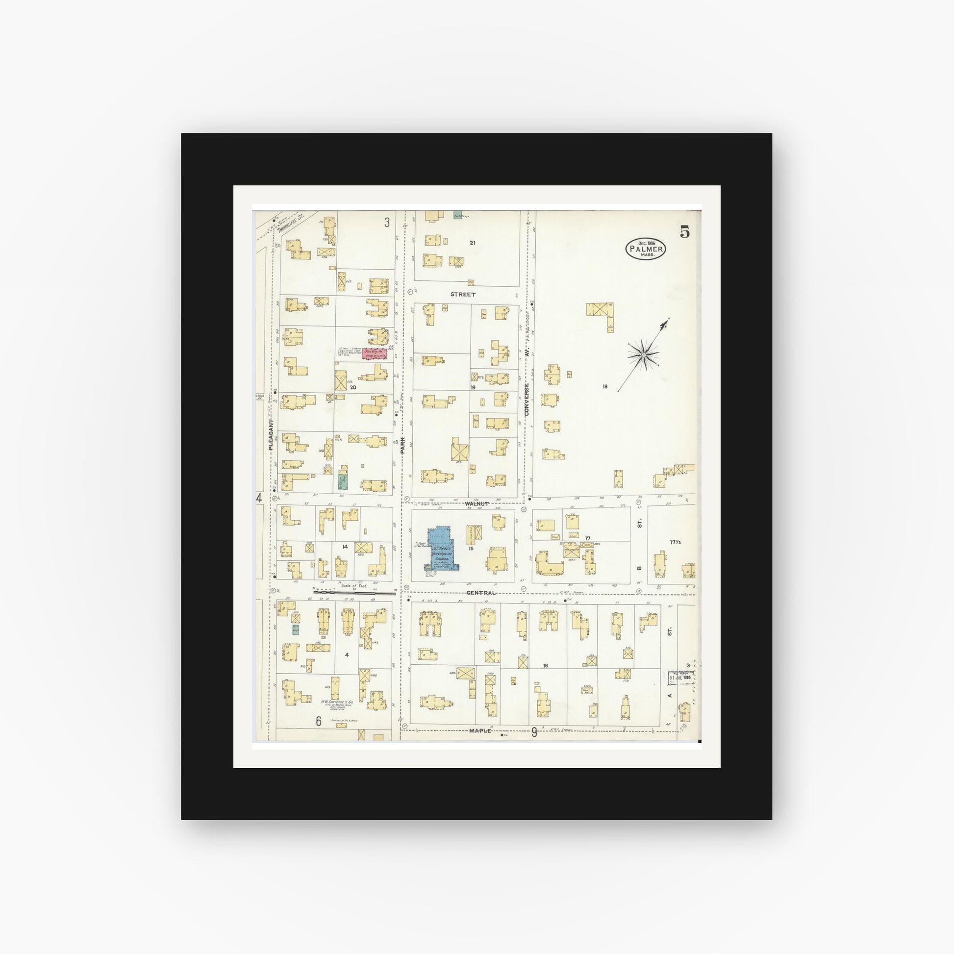Old map wall art mockup — black gallery frame with white mat — Sanborn Fire Insurance Map from Palmer, Hampden County, Massachusetts (1906), Sheet #0005