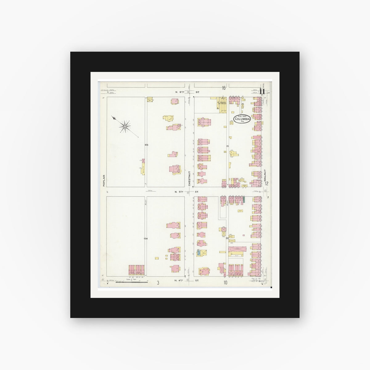 Old map wall art mockup — black gallery frame with white mat — Sanborn Fire Insurance Map from Columbia, Lancaster County, Pennsylvania (1909), Sheet #0011