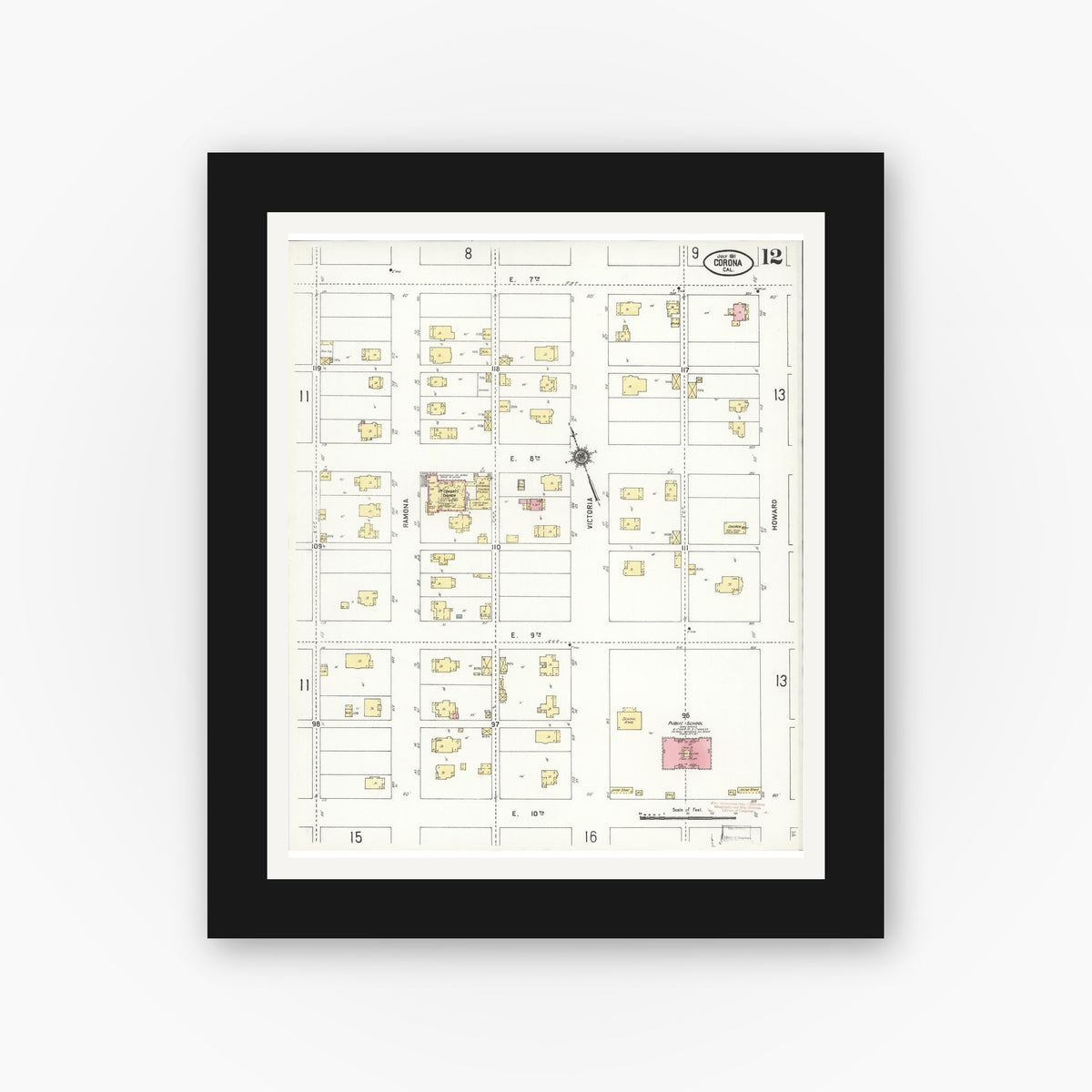 Old map wall art mockup — black gallery frame with white mat — Sanborn Fire Insurance Map from Corona, Riverside County, California (1911), Sheet #0012
