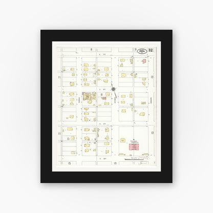 Old map wall art mockup — black gallery frame with white mat — Sanborn Fire Insurance Map from Corona, Riverside County, California (1911), Sheet #0012