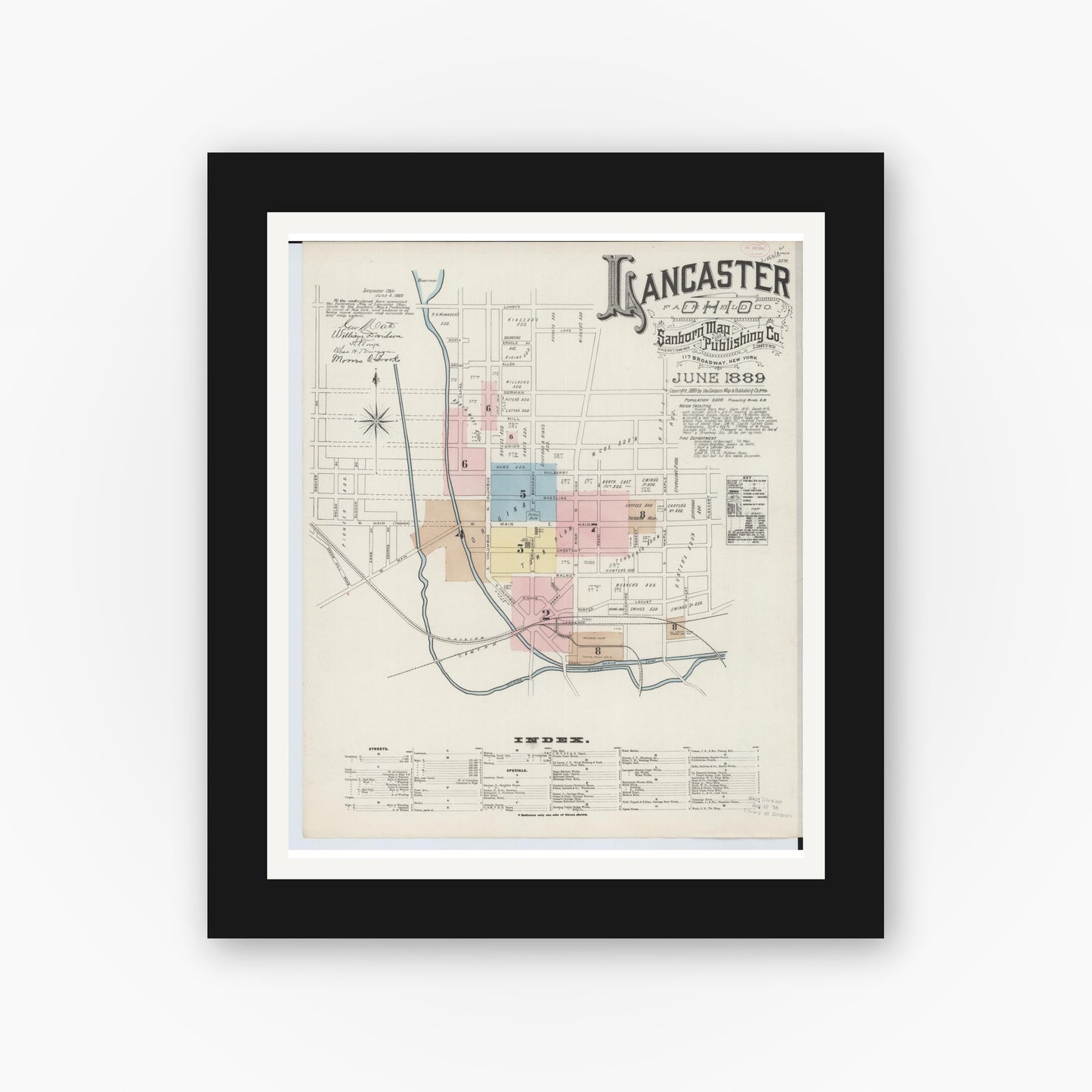 Old map wall art mockup — black gallery frame with white mat — Sanborn Fire Insurance Map from Lancaster, Fairfield County, Ohio (1889), Sheet #0001