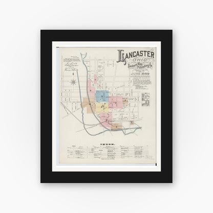 Old map wall art mockup — black gallery frame with white mat — Sanborn Fire Insurance Map from Lancaster, Fairfield County, Ohio (1889), Sheet #0001