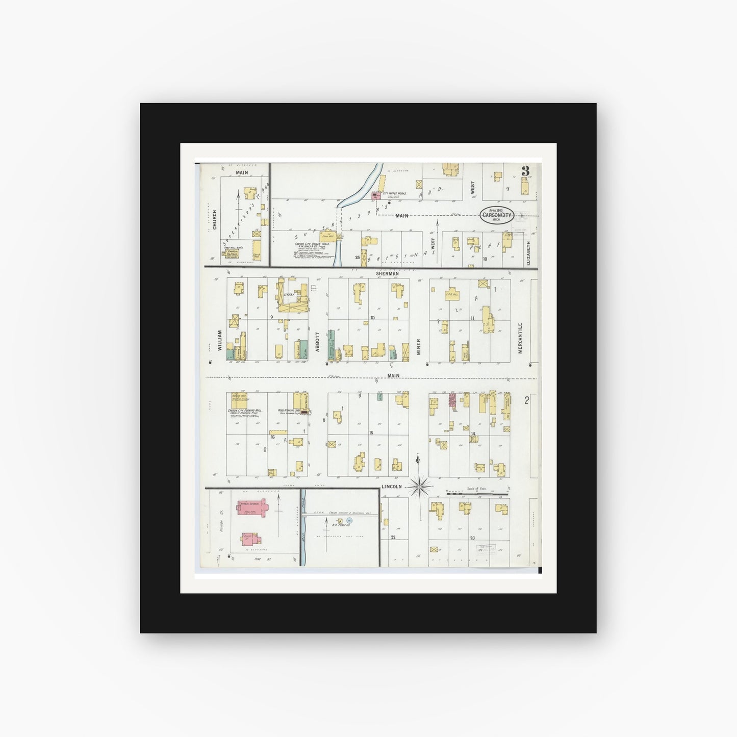 Old map wall art mockup — black gallery frame with white mat — Sanborn Fire Insurance Map from Carson City, Montcalm County, Michigan (1900), Sheet #0003