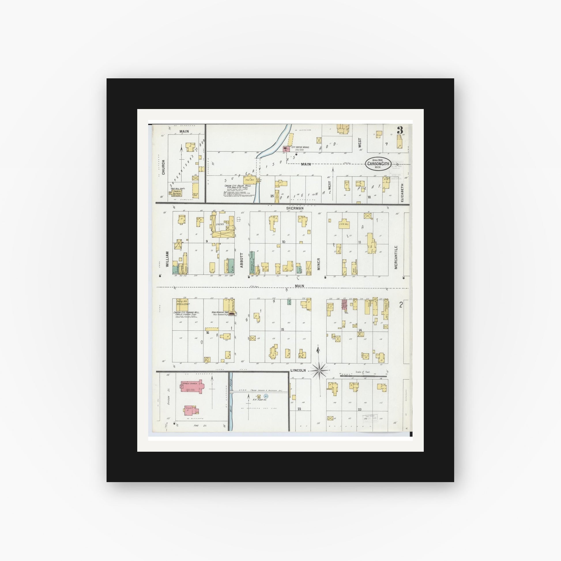 Old map wall art mockup — black gallery frame with white mat — Sanborn Fire Insurance Map from Carson City, Montcalm County, Michigan (1900), Sheet #0003