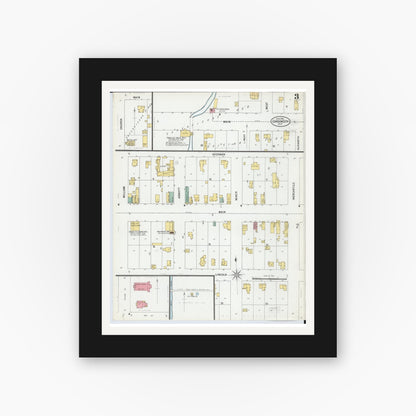 Old map wall art mockup — black gallery frame with white mat — Sanborn Fire Insurance Map from Carson City, Montcalm County, Michigan (1900), Sheet #0003