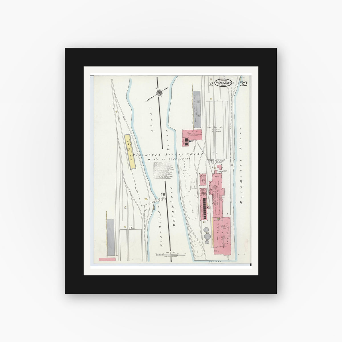 Old map wall art mockup — black gallery frame with white mat — Sanborn Fire Insurance Map from Menominee, Menominee County, Michigan (1921), Sheet #0032