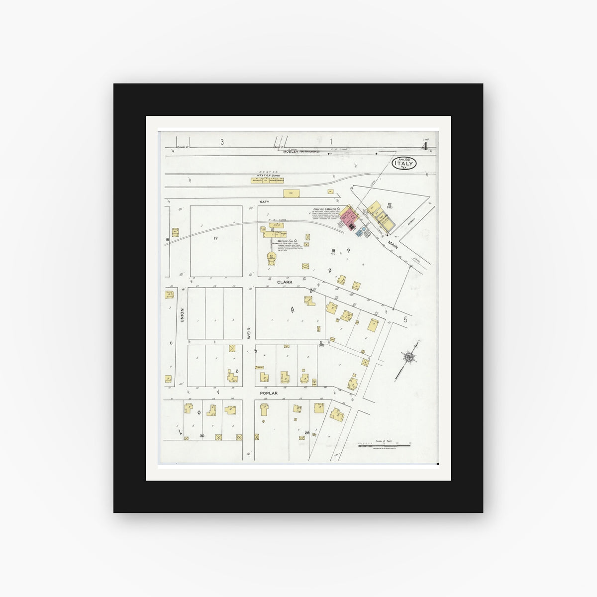 Old map wall art mockup — black gallery frame with white mat — Sanborn Fire Insurance Map from Italy, Ellis County, Texas (1921), Sheet #0004