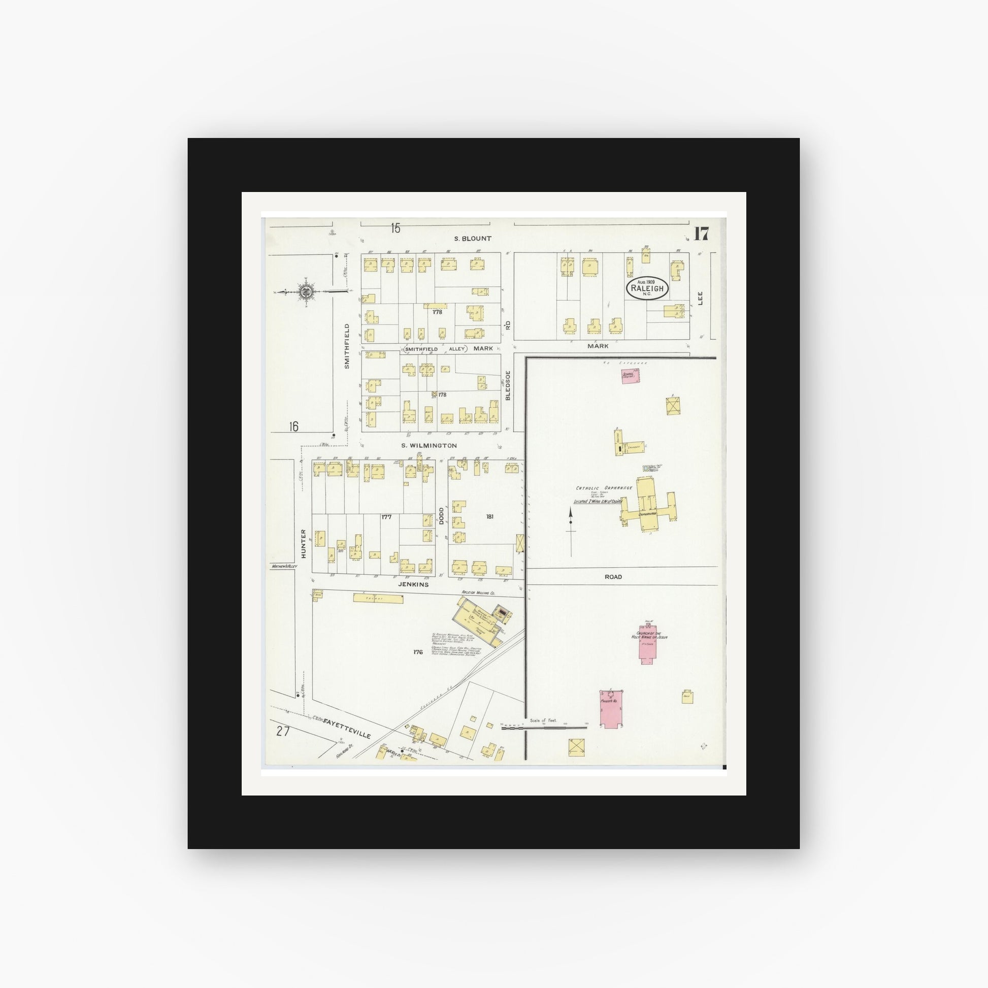 Old map wall art mockup — black gallery frame with white mat — Sanborn Fire Insurance Map from Raleigh, Wake County, North Carolina (1909), Sheet #0017