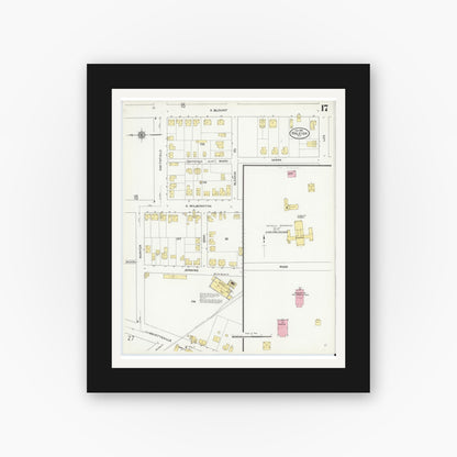 Old map wall art mockup — black gallery frame with white mat — Sanborn Fire Insurance Map from Raleigh, Wake County, North Carolina (1909), Sheet #0017