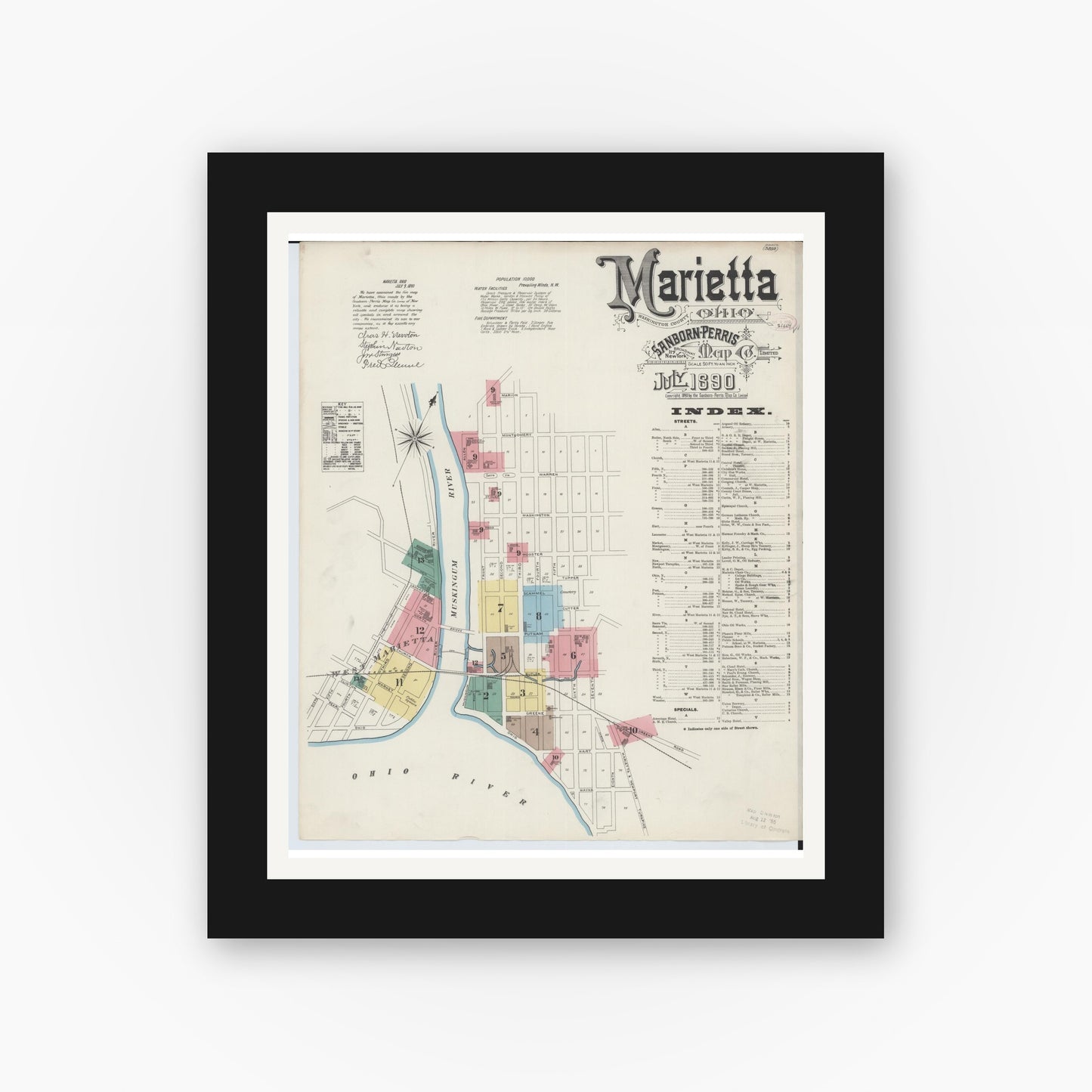 Old map wall art mockup — black gallery frame with white mat — Sanborn Fire Insurance Map from Marietta, Washington County, Ohio (1890) - Complete Map Set