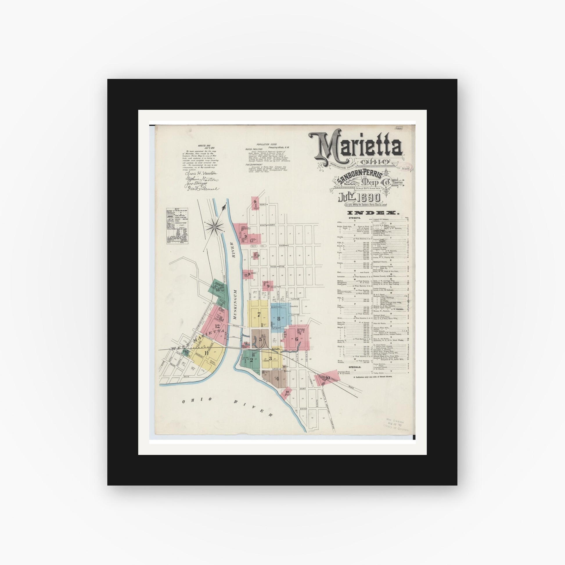Old map wall art mockup — black gallery frame with white mat — Sanborn Fire Insurance Map from Marietta, Washington County, Ohio (1890) - Complete Map Set