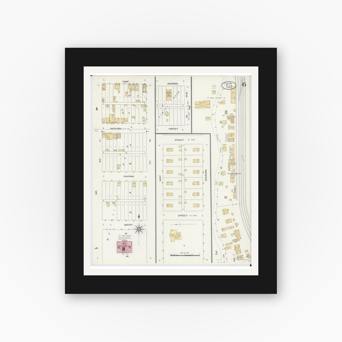 Old map wall art mockup — black gallery frame with white mat — Sanborn Fire Insurance Map from Ely, Saint Louis County, Minnesota (1906), Sheet #0006
