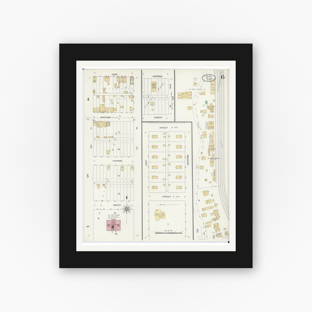 Old map wall art mockup — black gallery frame with white mat — Sanborn Fire Insurance Map from Ely, Saint Louis County, Minnesota (1906), Sheet #0006