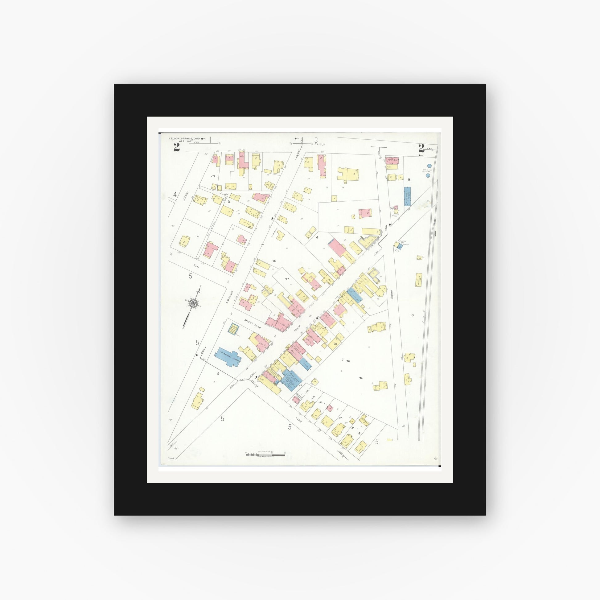 Old map wall art mockup — black gallery frame with white mat — Sanborn Fire Insurance Map from Yellow Springs, Greene County, Ohio (1937), Sheet #0002