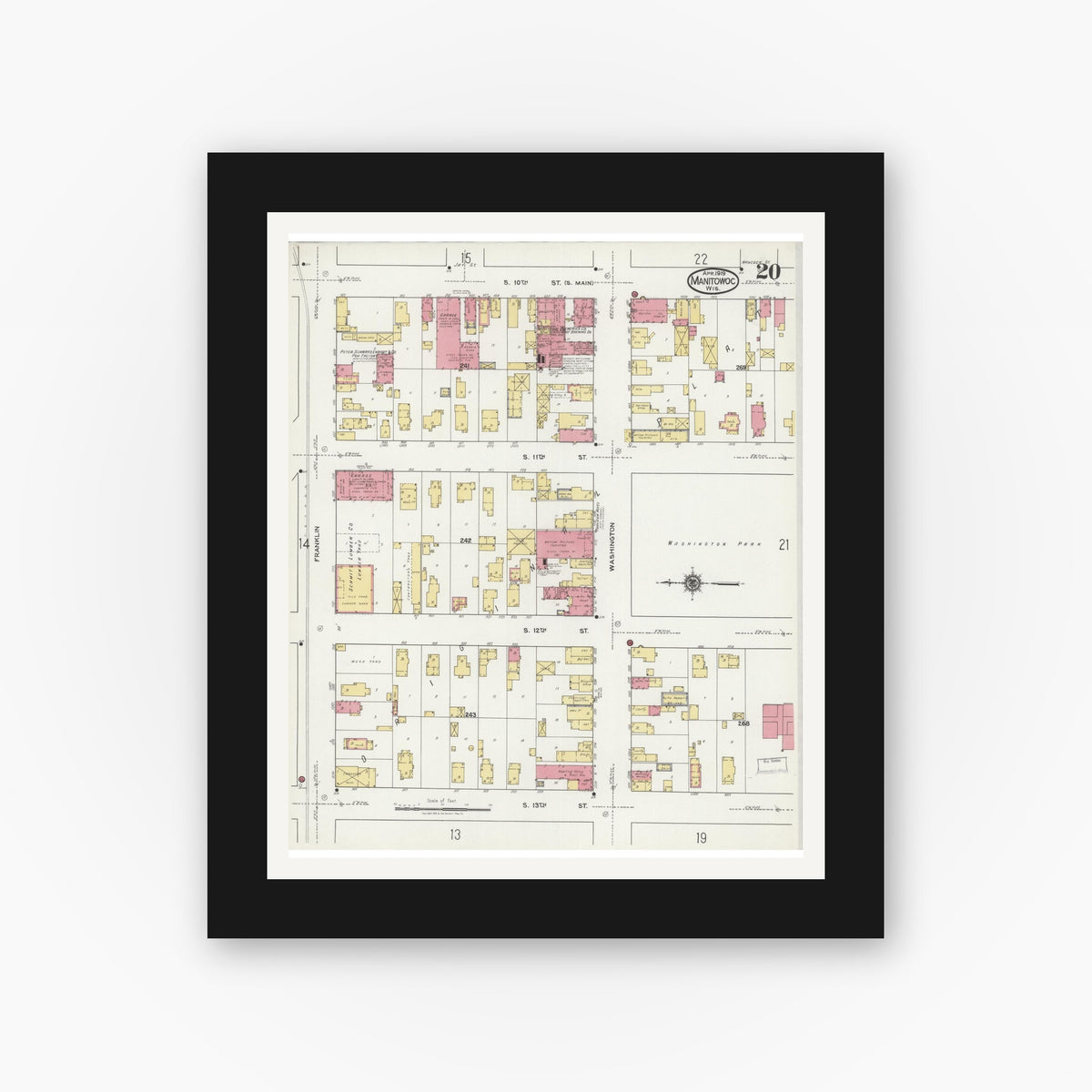 Old map wall art mockup — black gallery frame with white mat — Sanborn Fire Insurance Map from Manitowoc, Manitowoc County, Wisconsin (1919), Sheet #0020