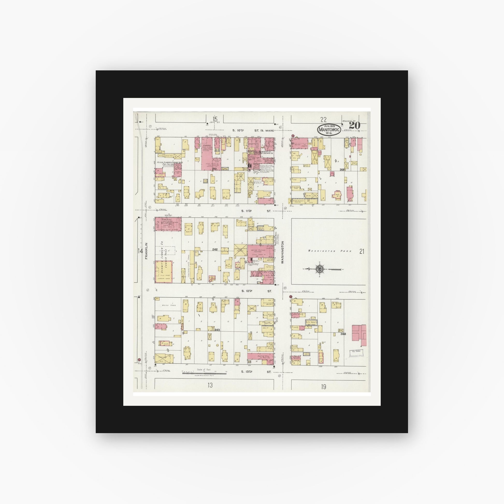 Old map wall art mockup — black gallery frame with white mat — Sanborn Fire Insurance Map from Manitowoc, Manitowoc County, Wisconsin (1919), Sheet #0020