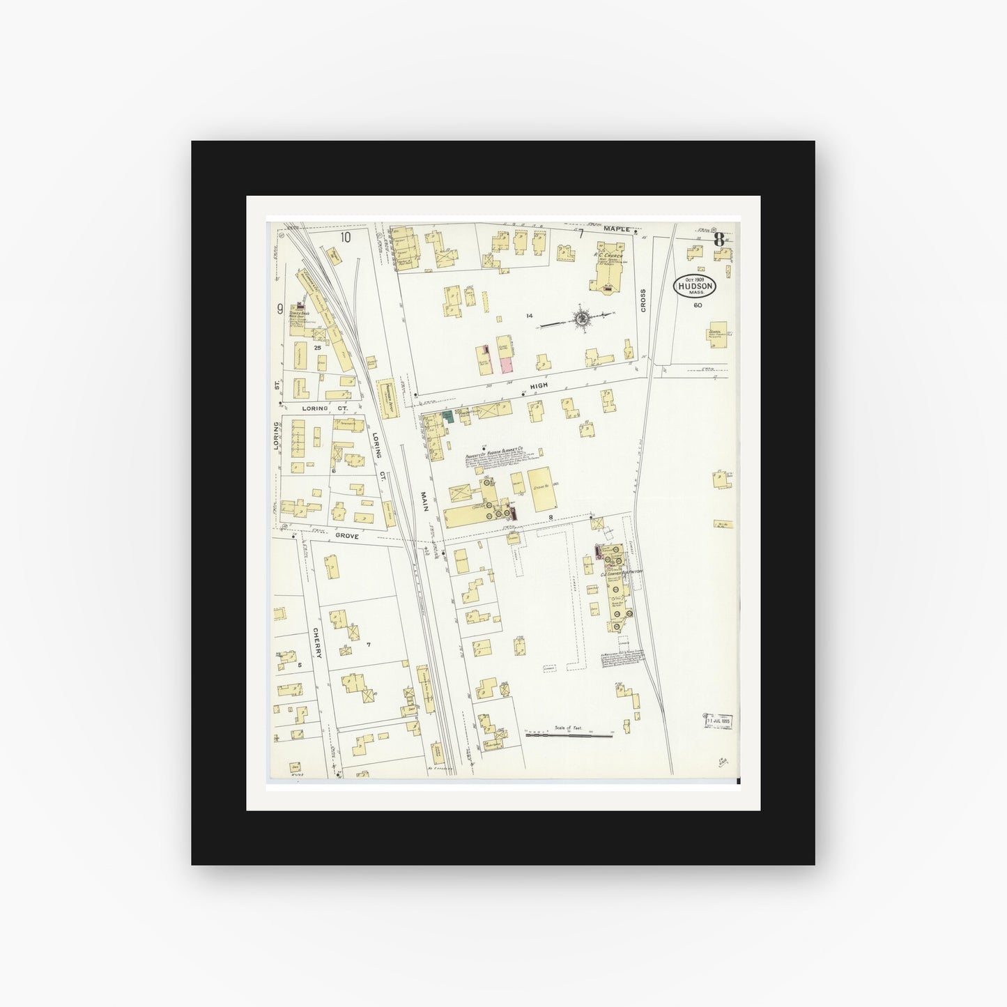 Old map wall art mockup — black gallery frame with white mat — Sanborn Fire Insurance Map from Hudson, Middlesex County, Massachusetts (1909), Sheet #0008