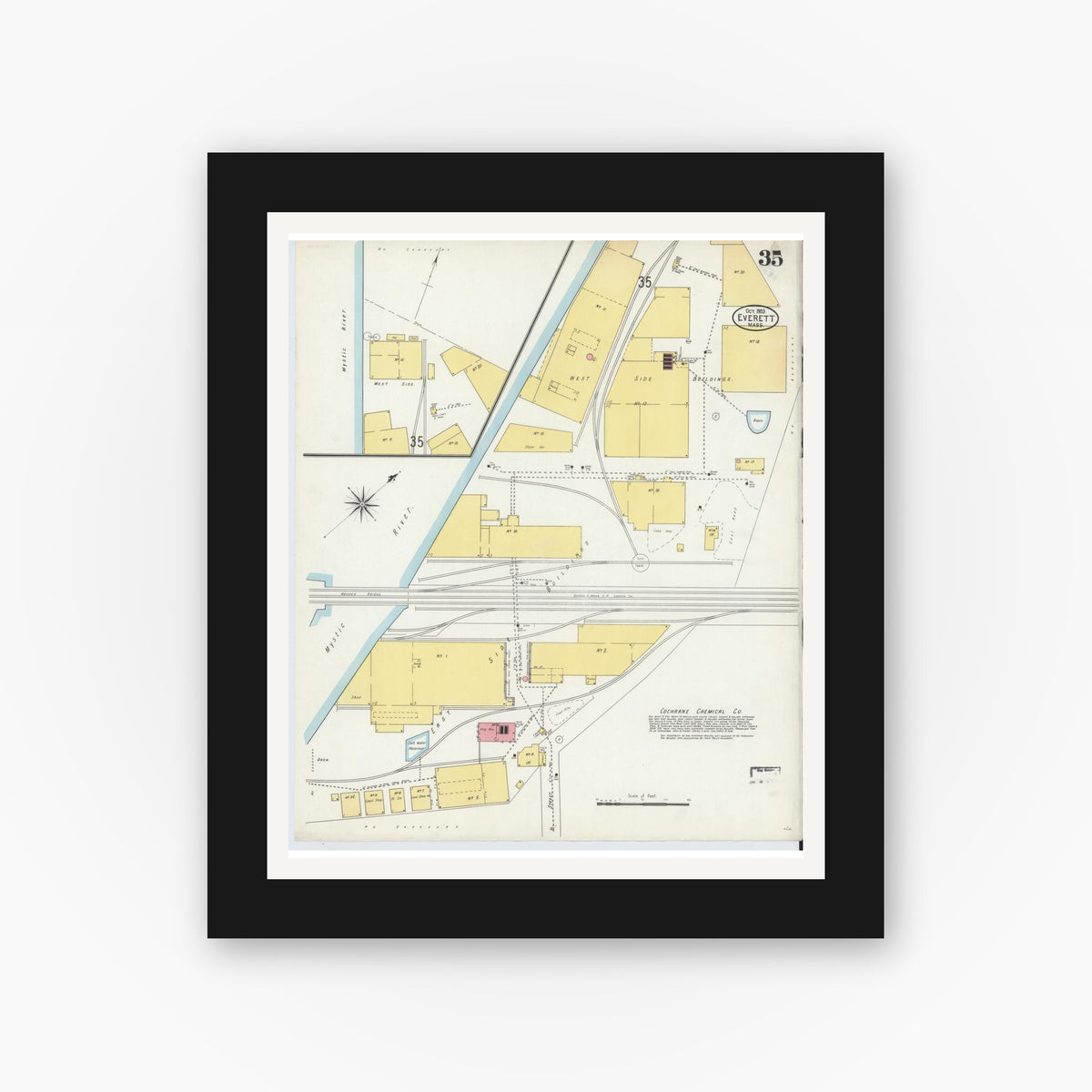 Old map wall art mockup — black gallery frame with white mat — Sanborn Fire Insurance Map from Everett, Middlesex County, Massachusetts (1903), Sheet #0035