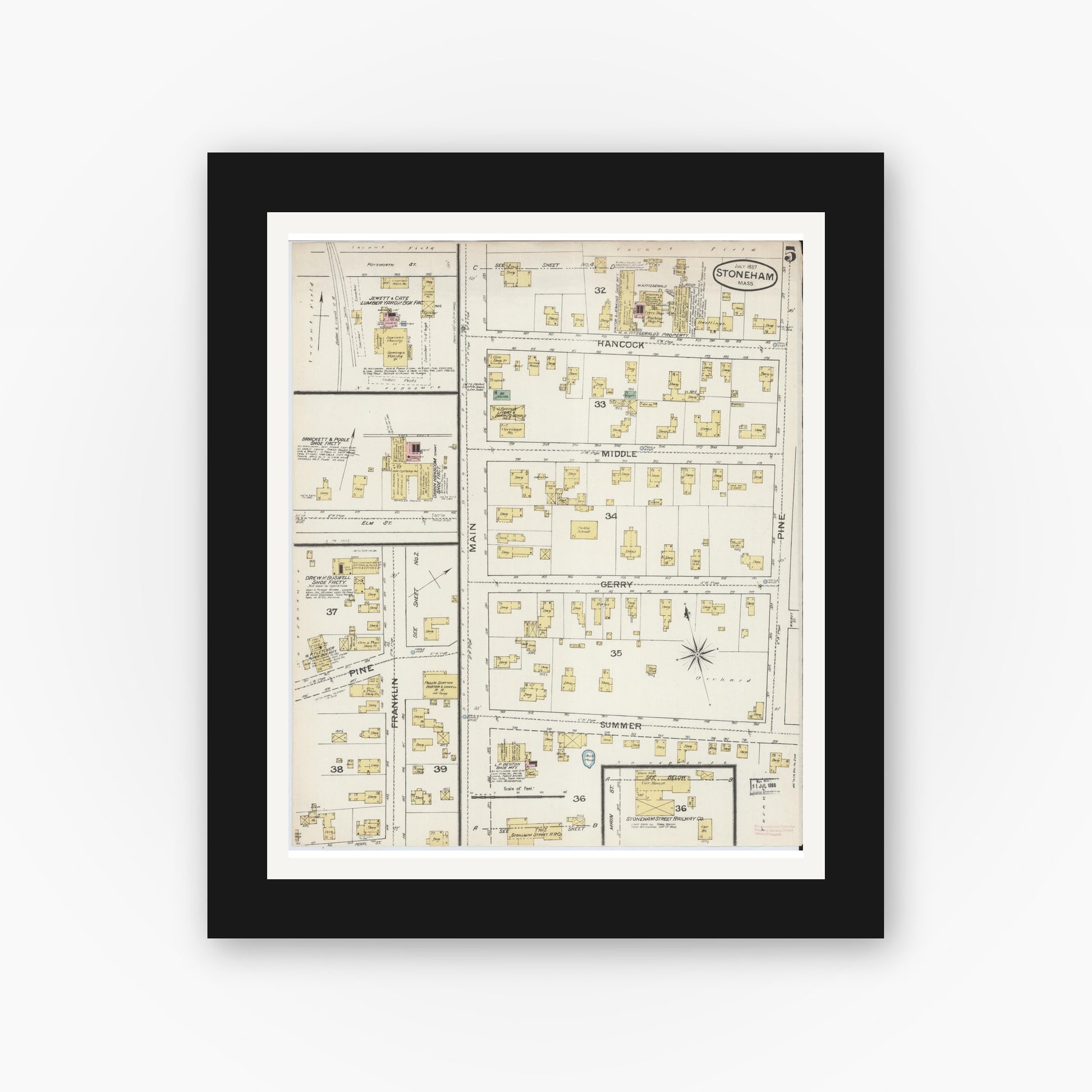 Old map wall art mockup — black gallery frame with white mat — Sanborn Fire Insurance Map from Stoneham, Middlesex County, Massachusetts (1887), Sheet #0005