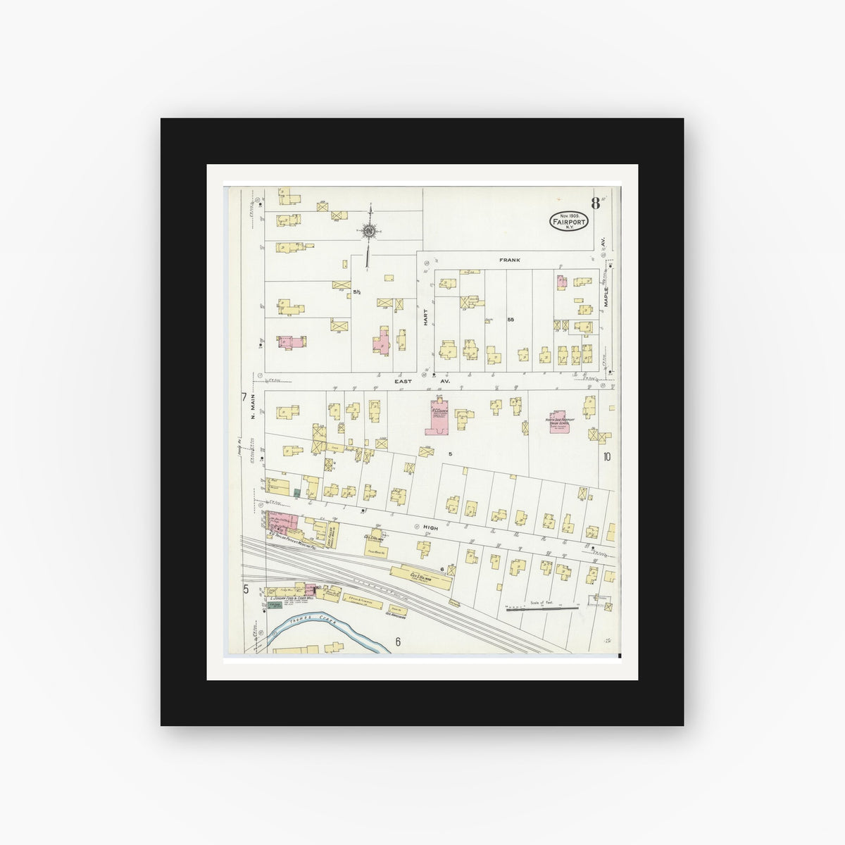 Old map wall art mockup — black gallery frame with white mat — Sanborn Fire Insurance Map from Fairport, Monroe County, New York (1909), Sheet #0008