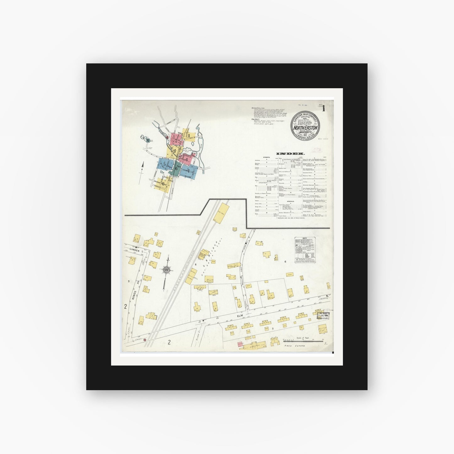 Old map wall art mockup — black gallery frame with white mat — Sanborn Fire Insurance Map from North Easton, Bristol County, Massachusetts (1911) - Complete Map Set