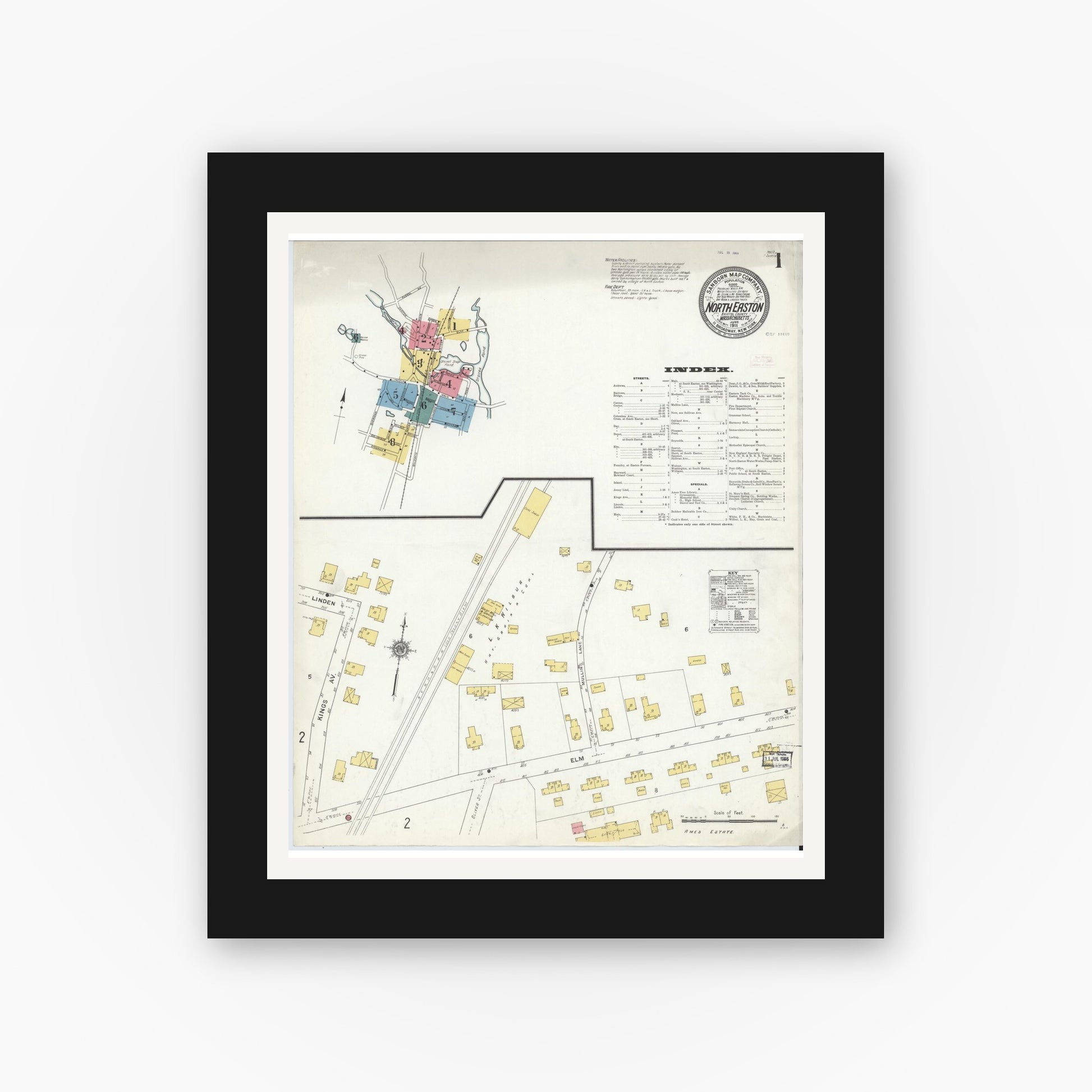 Old map wall art mockup — black gallery frame with white mat — Sanborn Fire Insurance Map from North Easton, Bristol County, Massachusetts (1911) - Complete Map Set