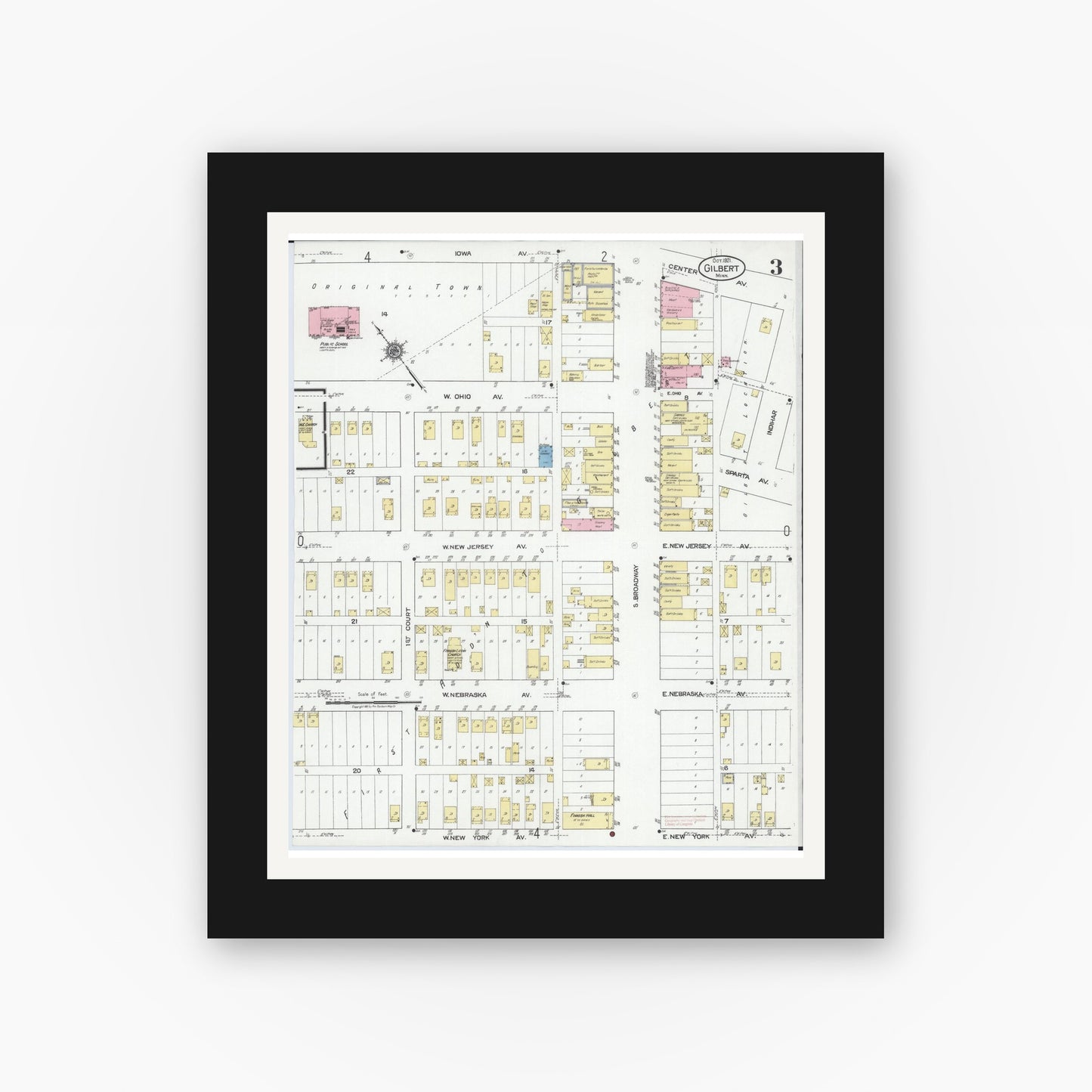 Old map wall art mockup — black gallery frame with white mat — Sanborn Fire Insurance Map from Gilbert, Saint Louis County, Minnesota (1921), Sheet #0003