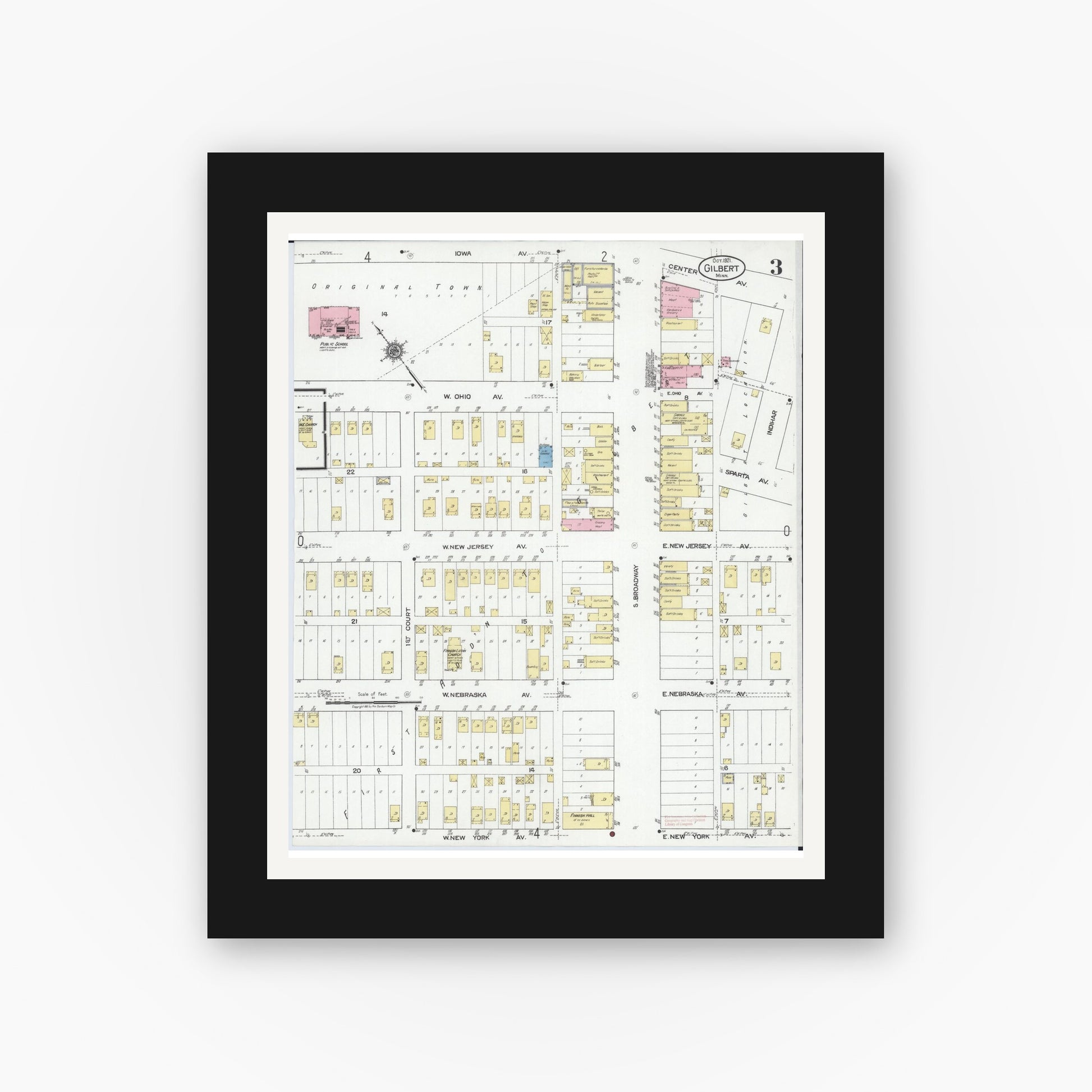 Old map wall art mockup — black gallery frame with white mat — Sanborn Fire Insurance Map from Gilbert, Saint Louis County, Minnesota (1921), Sheet #0003