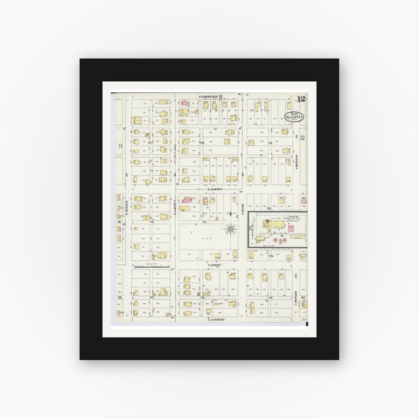 Old map wall art mockup — black gallery frame with white mat — Sanborn Fire Insurance Map from Alliance, Stark County, Ohio (1898), Sheet #0012
