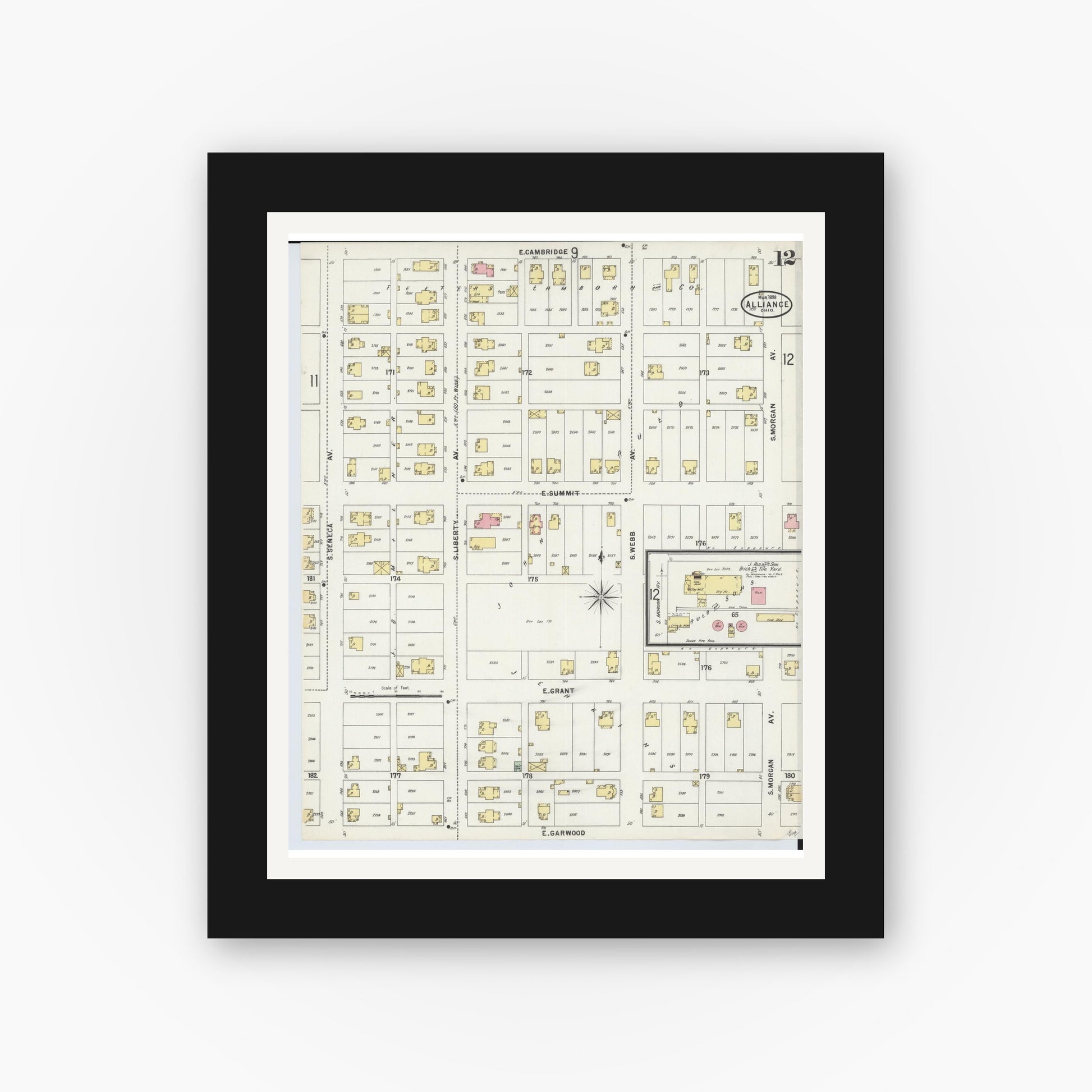 Old map wall art mockup — black gallery frame with white mat — Sanborn Fire Insurance Map from Alliance, Stark County, Ohio (1898), Sheet #0012