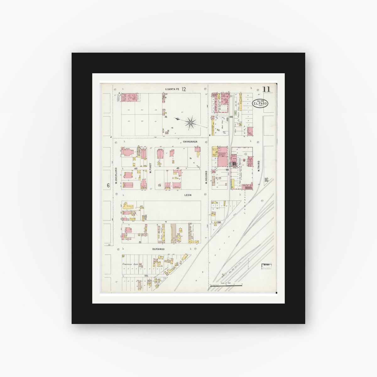 Old map wall art mockup — black gallery frame with white mat — Sanborn Fire Insurance Map from El Paso, El Paso County, Texas (1898), Sheet #0011