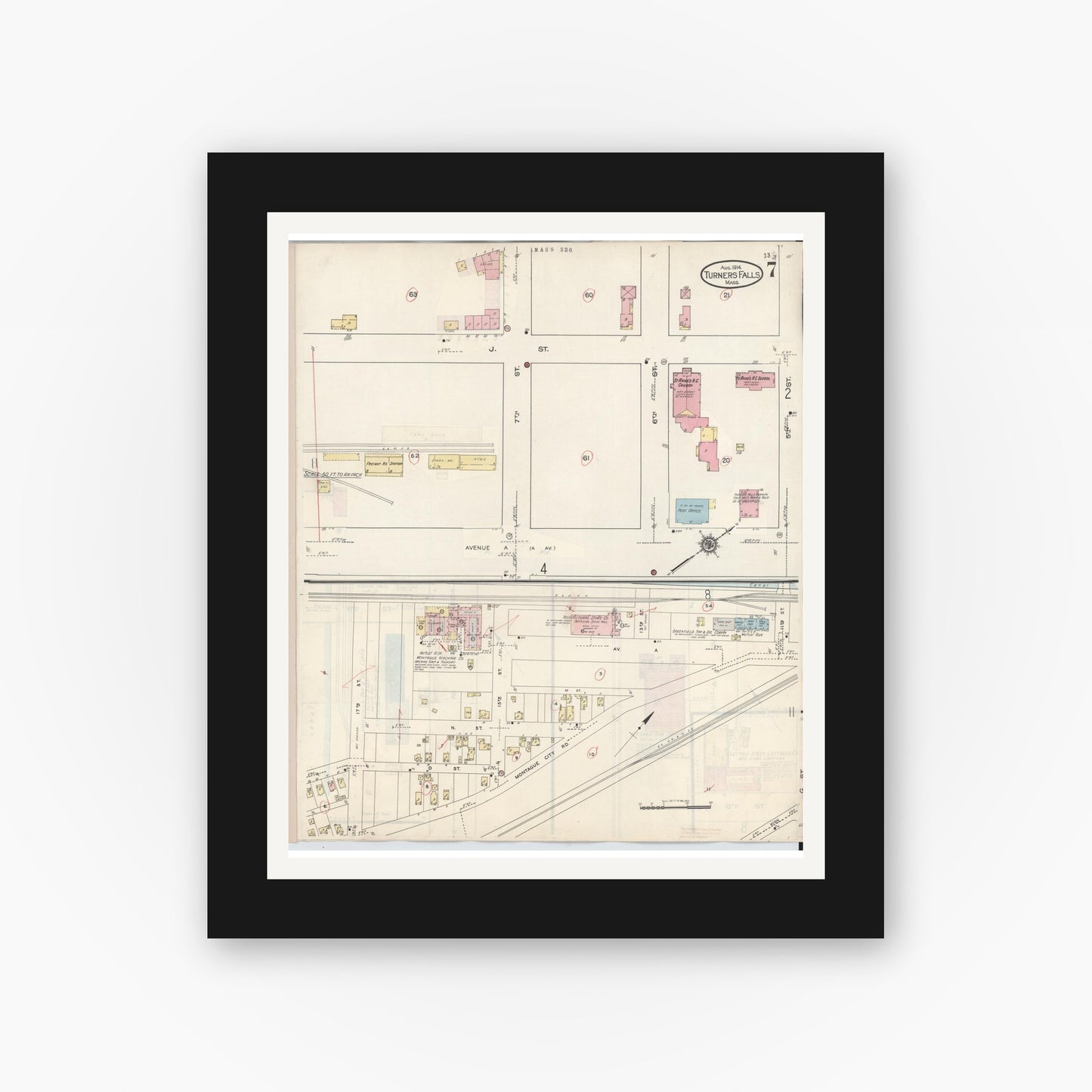 Old map wall art mockup — black gallery frame with white mat — Sanborn Fire Insurance Map from Turners Falls, Franklin County, Massachusetts (1940), Sheet #0007