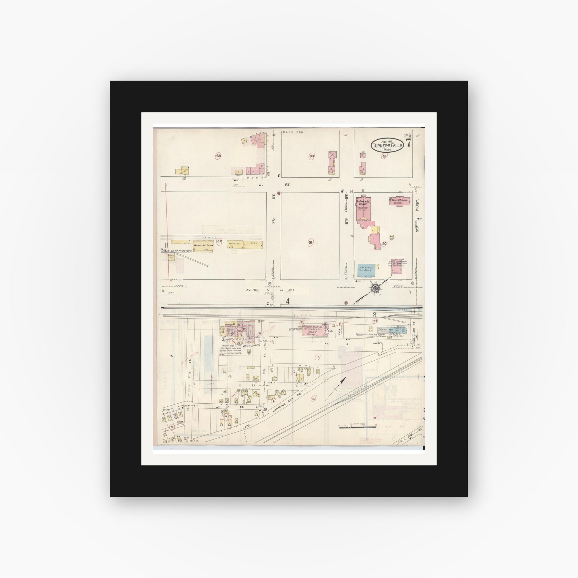 Old map wall art mockup — black gallery frame with white mat — Sanborn Fire Insurance Map from Turners Falls, Franklin County, Massachusetts (1940), Sheet #0007