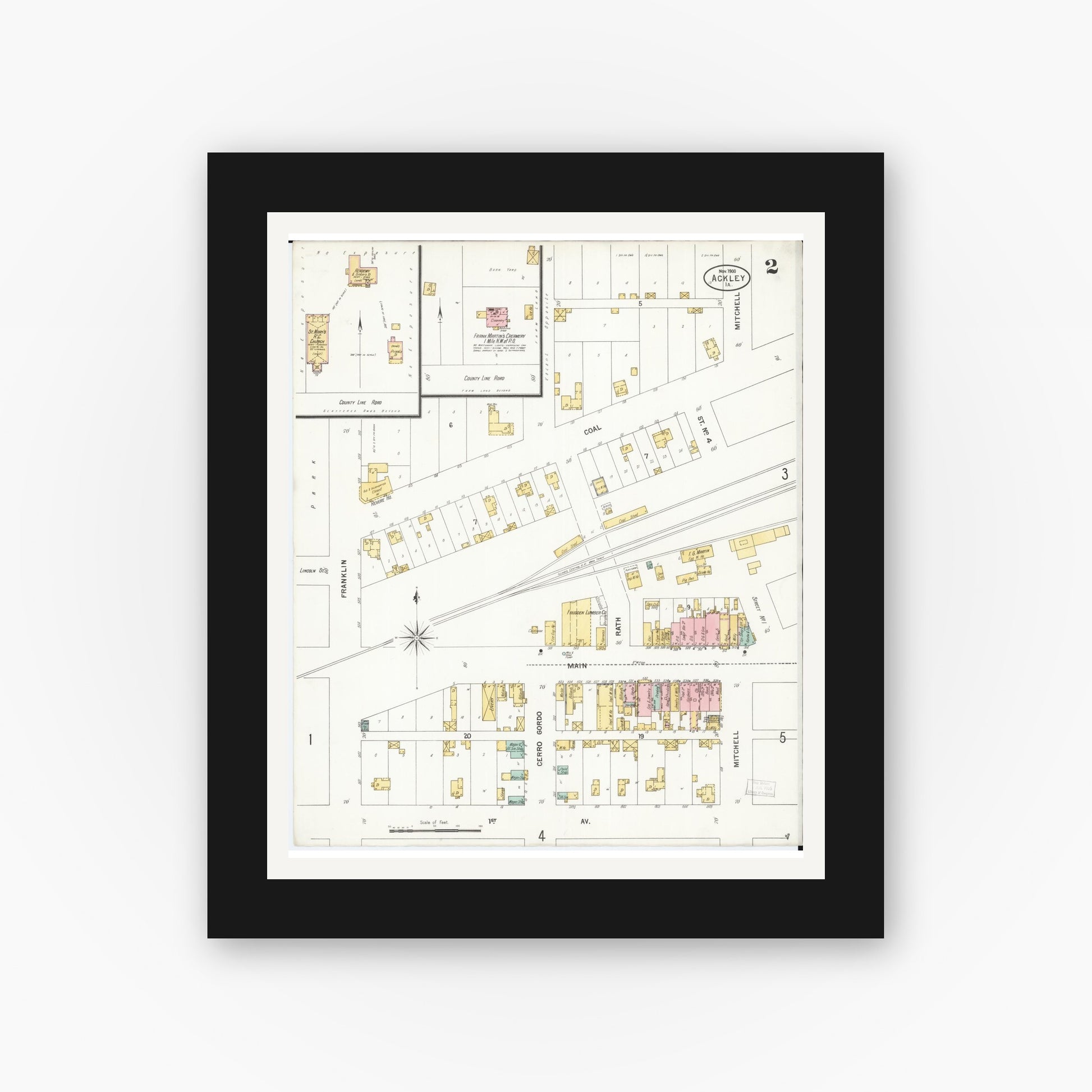 Old map wall art mockup — black gallery frame with white mat — Sanborn Fire Insurance Map from Ackley, Hardin and Franklin Counties, Iowa (1900), Sheet #0002